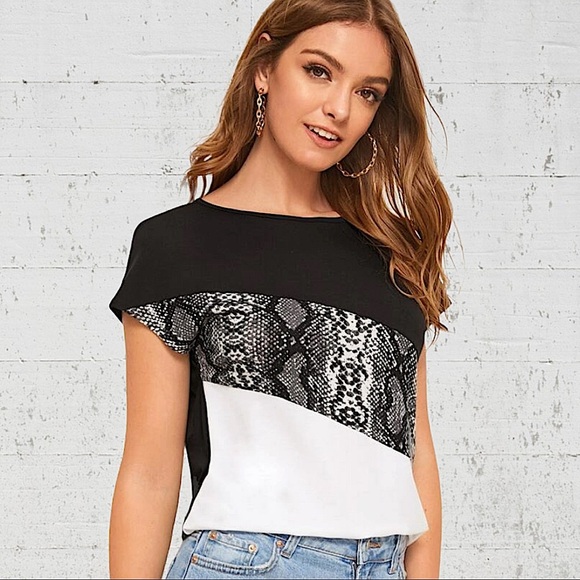 SNAKESKIN SHORT SLEEVE COLOR BLOCK PUNK BLOUSE TEE SHIRT - Picture 4 of 7